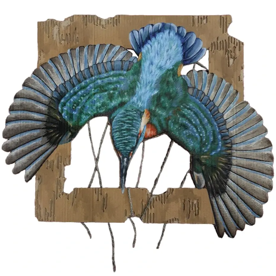 A kingfisher painted on a cutout piece of cardboard